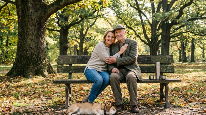 Eine erwachsene Tochter umarmt ihren älteren Vater liebevoll auf einer Parkbank. Beide wirken entspannt und genießen die gemeinsame Zeit in der sonnigen Natur unter großen, alten Bäumen.