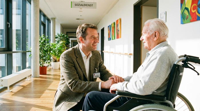 Ein freundlicher, professioneller Sozialarbeiter im Krankenhaus spricht beruhigend mit einem älteren Patienten im Rollstuhl auf einem hellen, modernen Flur.