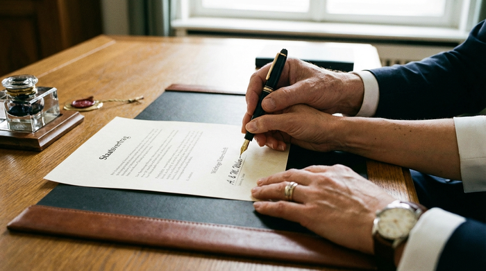 Eine Nahaufnahme von zwei Händen, die einen edlen Füllfederhalter halten und ein wichtiges Dokument auf einem massiven, aufgeräumten Schreibtisch unterschreiben.