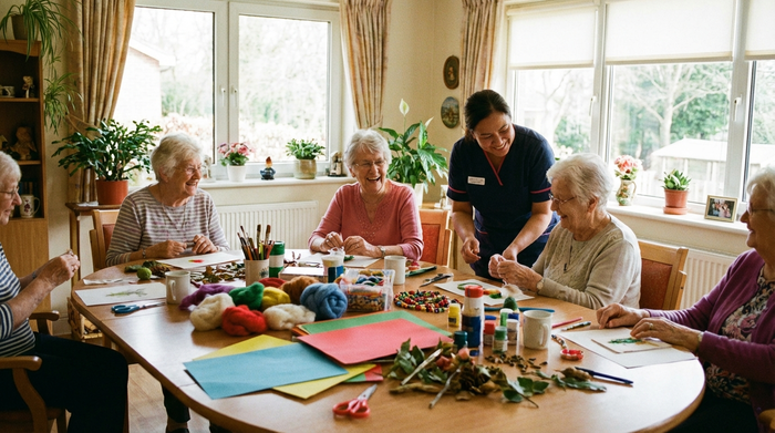 Mehrere Senioren sitzen in einer gemütlichen Runde beim gemeinsamen Basteln und Lachen, liebevoll betreut von einer Pflegekraft. Helle Räume, bunte Bastelmaterialien auf dem großen Holztisch.