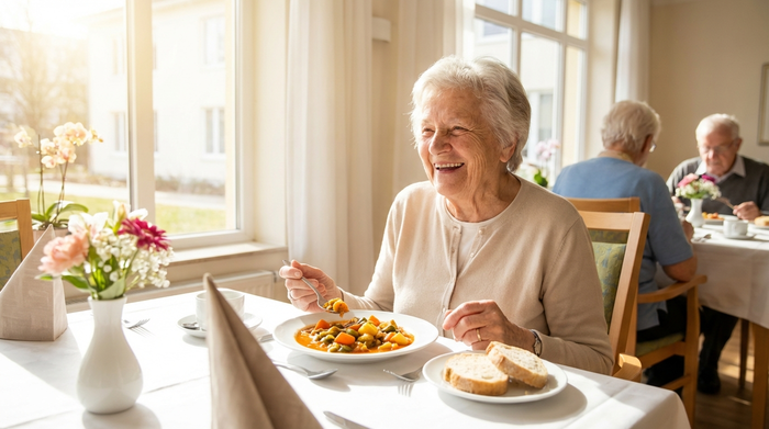 Eine ältere Dame genießt ein frisch zubereitetes, leckeres Mittagessen an einem schön gedeckten Tisch in einer lichtdurchfluteten Tagespflegeeinrichtung. Zufriedener Gesichtsausdruck, appetitliches Essen.
