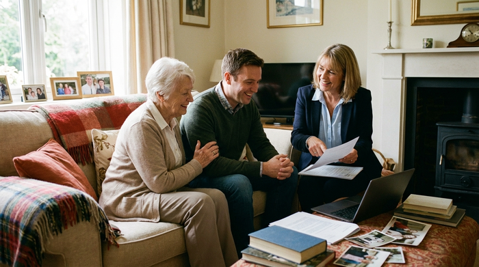 Ein erwachsener Sohn und seine ältere Mutter sitzen gemeinsam auf einem Sofa und besprechen entspannt Unterlagen mit einer freundlichen Pflegeberaterin. Warme und vertrauensvolle Wohnzimmeratmosphäre.