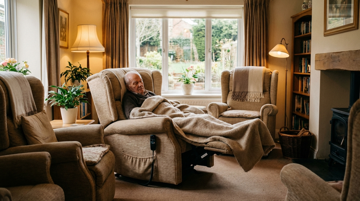 Ein gemütlicher Ruheraum in einer Tagespflege mit bequemen, verstellbaren Liegesesseln. Ein Senior ruht sich friedlich aus, eingekuschelt in eine weiche Decke, sanftes und beruhigendes Licht.