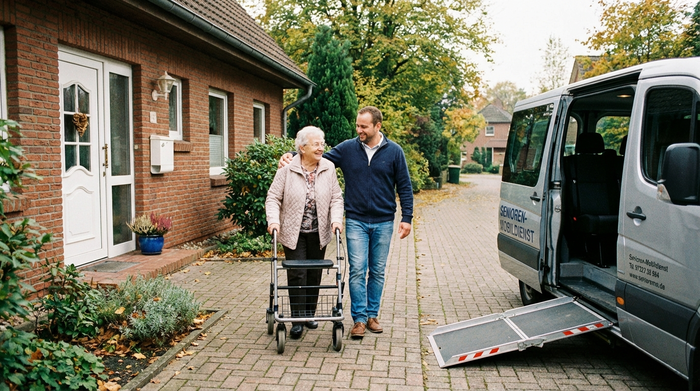 Ein engagierter Pfleger begleitet eine ältere Dame mit Rollator liebevoll von ihrer Wohnungstür zu einem bereitstehenden Transportfahrzeug.