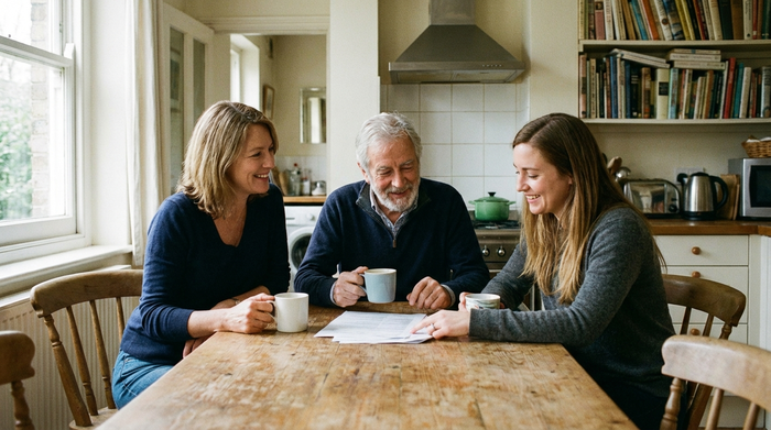 Zwei erwachsene Töchter sitzen mit ihrem alten Vater entspannt am Küchentisch und besprechen bei einer Tasse Kaffee lächelnd Unterlagen.