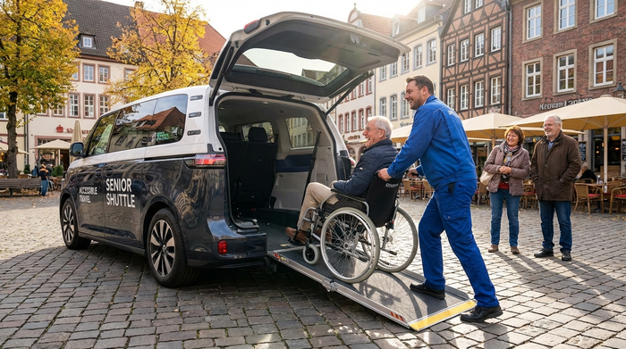 Ein moderner Kleinbus mit ausgefahrener Rampe am Heck, über die ein Fahrer einen Senior im Rollstuhl sicher und behutsam in das Fahrzeug schiebt.