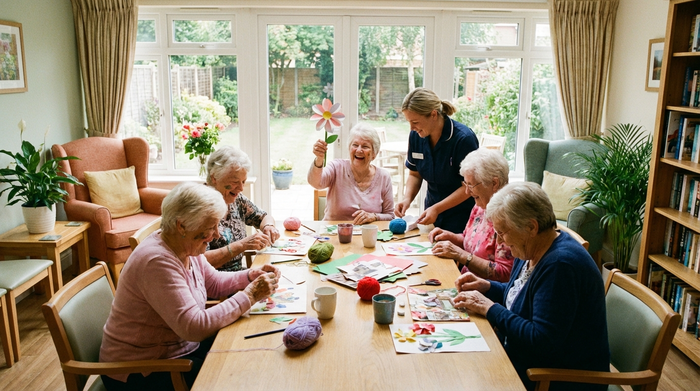 Eine fröhliche Gruppe von Senioren sitzt gemeinsam am Tisch in einer hellen, gemütlichen Tagespflegeeinrichtung und bastelt.