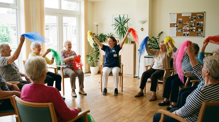 Eine Gruppe von Senioren sitzt im Kreis in einem hellen, freundlichen Raum und macht leichte Sitzgymnastik mit bunten Tüchern. Eine motivierende Betreuungskraft leitet die Übungen an. Fröhliche Gesichter, aktive Bewegung im Alter, realistische Fotografie.