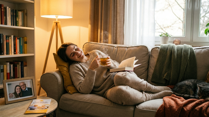 Eine entspannte, jüngere Frau sitzt mit einer Tasse Tee auf ihrem Sofa und liest ein Buch. Sie wirkt erleichtert und ruhig, da ihr pflegebedürftiger Vater gut in der Tagespflege versorgt ist. Gemütliches Wohnzimmer, warmes Licht, realistische Szene.