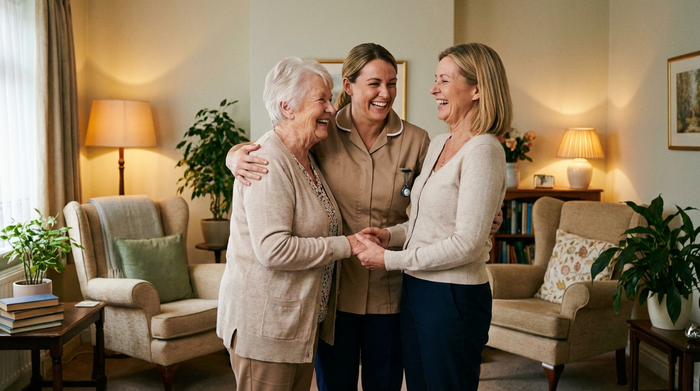 Eine ältere Dame und ihre erwachsene Tochter werden an der Tür einer gemütlichen Einrichtung von einer lächelnden Pflegerin herzlich begrüßt. Die Umgebung ist wohnlich und einladend dekoriert. Vertrauensvolle Atmosphäre, realistische Darstellung ohne Schriftzüge.