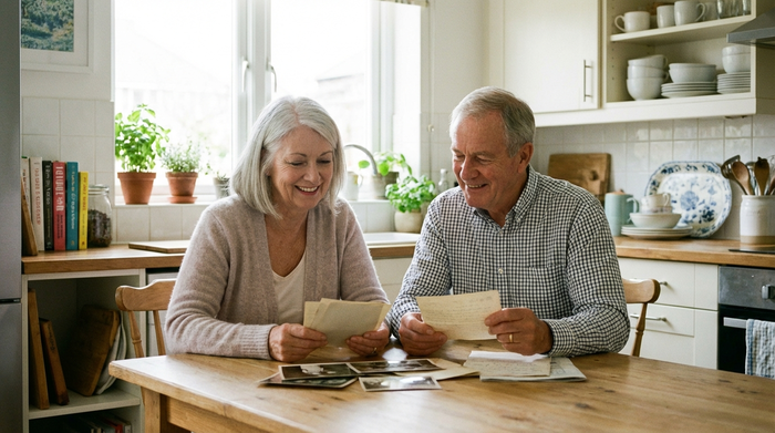 Ein älteres Ehepaar sitzt entspannt am Küchentisch und betrachtet lächelnd einige Papiere. Helles Tageslicht fällt durch das Fenster auf die aufgeräumte Küche, realistische und positive Stimmung.