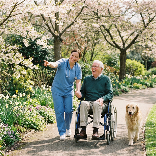 Eine engagierte Alltagsbegleiterin geht mit einem älteren Herrn im Rollstuhl durch einen grünen Park spazieren. Frühlingshaftes Wetter, gepflegte Wege, harmonisches Miteinander.