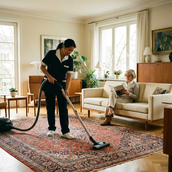 Eine professionelle Haushaltshilfe saugt den Teppich in einem stilvoll eingerichteten, hellen Wohnzimmer. Im Hintergrund sitzt eine Seniorin entspannt auf dem Sofa und liest ein Buch.