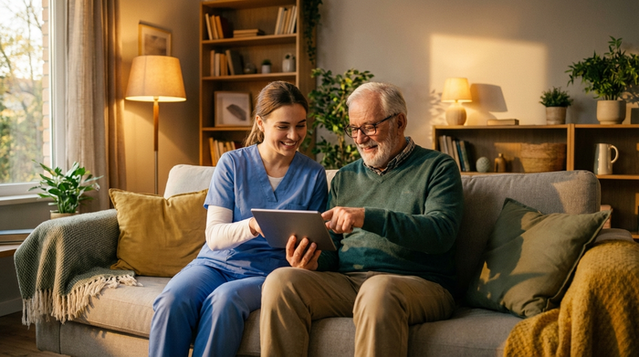 Eine Pflegerin und ein Senior sitzen nebeneinander auf einem Sofa und schauen gemeinsam auf ein Tablet. Beide wirken zufrieden und entspannt. Gemütliches Wohnzimmer, warme Beleuchtung.