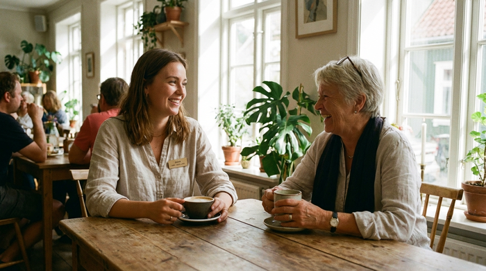 Zwei Frauen sitzen bei einer Tasse Kaffee an einem Holztisch zusammen und unterhalten sich freundlich. Die jüngere Frau trägt ein dezentes Namensschild an ihrer Bluse. Helles, freundliches Ambiente.