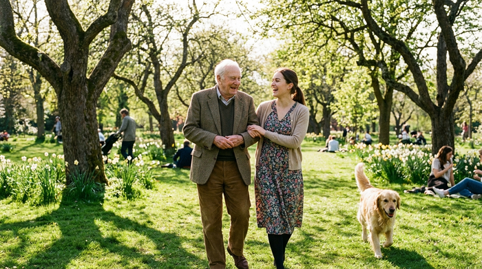 Ein älterer Herr und eine jüngere Betreuerin spazieren an einem sonnigen Tag gemeinsam durch einen grünen Park. Beide lachen und unterhalten sich angeregt.