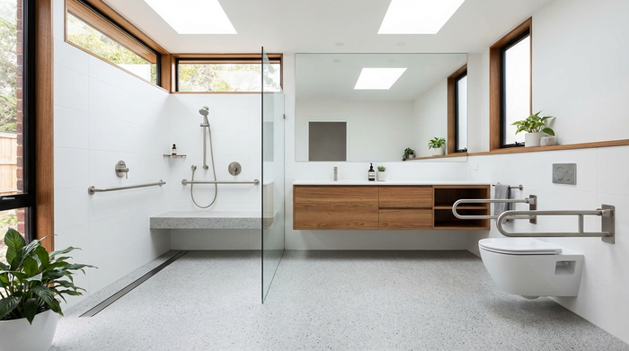 Ein modernes, barrierefreies Badezimmer mit einer ebenerdigen Dusche, eleganten Haltegriffen und einem rutschfesten Boden. Sauber, hell, sicher und stilvoll eingerichtet.