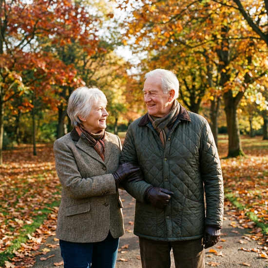 Eine fürsorgliche Pflegekraft reicht einem älteren Herrn beim Spaziergang in einem herbstlichen Park stützend den Arm. Beide tragen warme Jacken und lächeln sich freundlich an.