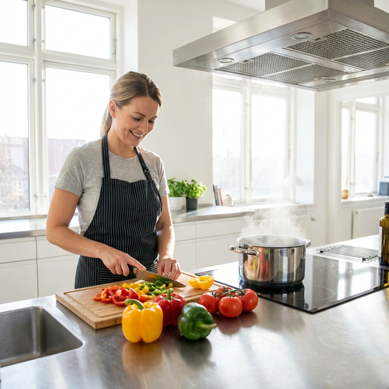 Eine Betreuungskraft kocht in einer modernen, sauberen Küche frisches Gemüse. Auf der Arbeitsplatte liegen bunte Paprika, Tomaten und ein Schneidebrett.