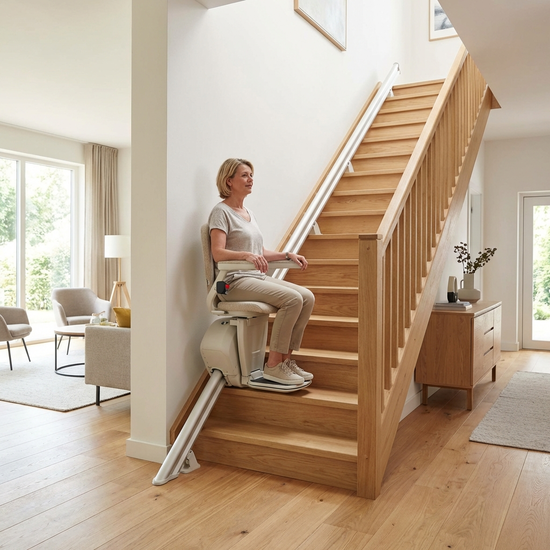Ein moderner Treppenlift fährt sicher an einer hellen Holztreppe in einem gepflegten Einfamilienhaus hinauf. Die Sitzfläche ist gepolstert und fügt sich harmonisch in den Raum ein.