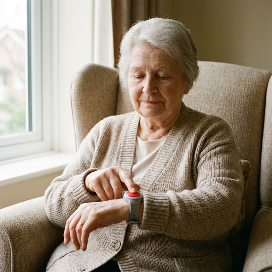 Eine ältere Dame drückt mit dem Finger auf einen roten Notrufknopf, den sie als praktisches Armband am Handgelenk trägt. Sie wirkt ruhig und sicher.