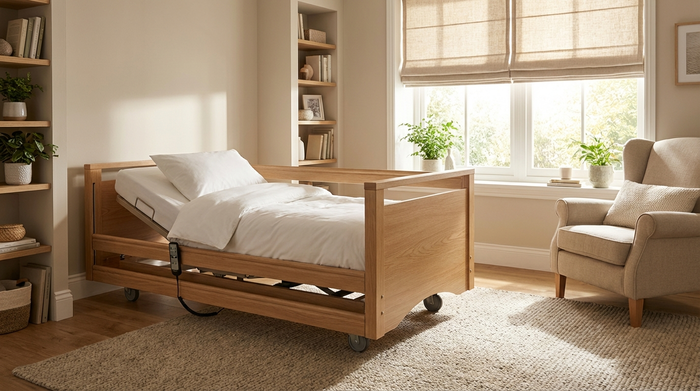 Ein modernes, elektrisch verstellbares Pflegebett aus hellem Holz in einem gemütlichen, aufgeräumten Schlafzimmer. Eine weiche, weiße Bettdecke liegt ordentlich darauf. Warmes Sonnenlicht fällt durch das Fenster. Keine Personen, fokussiert auf Komfort, Wohnlichkeit und Sicherheit.