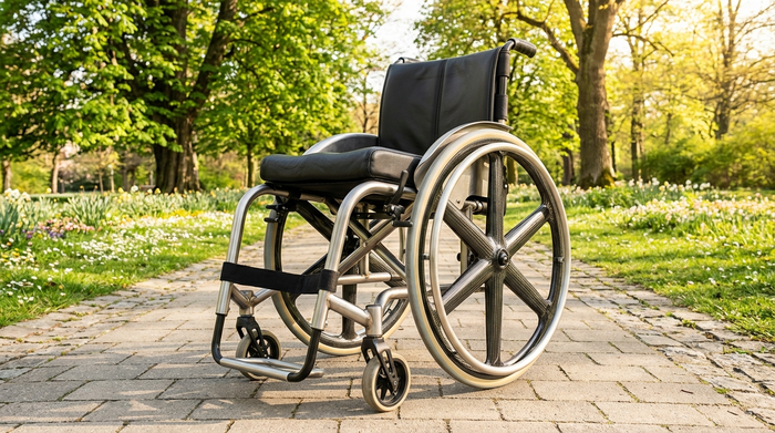 Ein eleganter, leichter Aluminium-Rollstuhl steht ungenutzt auf einem gepflasterten Weg in einem sonnigen Park mit großen grünen Bäumen. Der Fokus liegt auf der hochwertigen Verarbeitung und den großen Rädern. Friedliche, einladende Frühlingsstimmung.