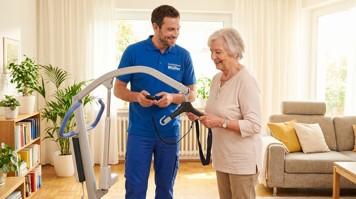 Ein freundlicher Sanitätshaus-Mitarbeiter in blauer Arbeitskleidung zeigt einer älteren Dame geduldig die Funktionen eines modernen Patientenlifters in einem hellen Wohnzimmer. Die Dame lächelt verständnisvoll. Helle, freundliche und professionelle Atmosphäre.