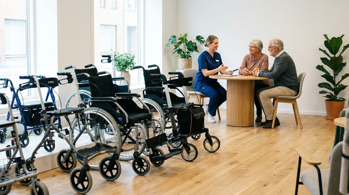 Ein helles, modernes Sanitätshaus von innen. Im Vordergrund stehen ordentlich aufgereihte Mobilitätshilfen auf einem sauberen Holzboden. Im Hintergrund berät ein Mitarbeiter ein älteres Ehepaar an einem runden Tisch. Vertrauensvolle und professionelle Stimmung.