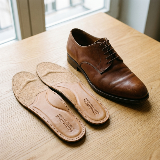 Nahaufnahme von hochwertigen, maßgefertigten orthopädischen Einlagen aus Kork und Leder, die neben einem bequemen, eleganten Halbschuh auf einem hellen Holztisch liegen.