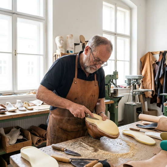 Ein Orthopädieschuhmacher in einer hellen Werkstatt passt konzentriert eine weiche Schaumstoffeinlage an einen Schuh an.