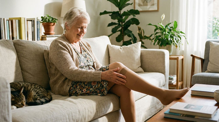 Eine ältere Dame sitzt bequem auf einem Sofa und streicht sich lächelnd über ihr Bein, an dem sie einen modernen, unauffälligen Kompressionsstrumpf trägt.