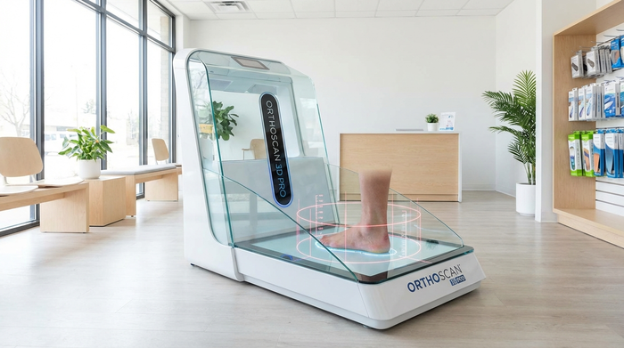 Ein moderner digitaler 3D-Fußscanner in einem hellen, sauberen Sanitätshaus. Ein Fuß steht auf der beleuchteten Glasplatte zur präzisen Vermessung.