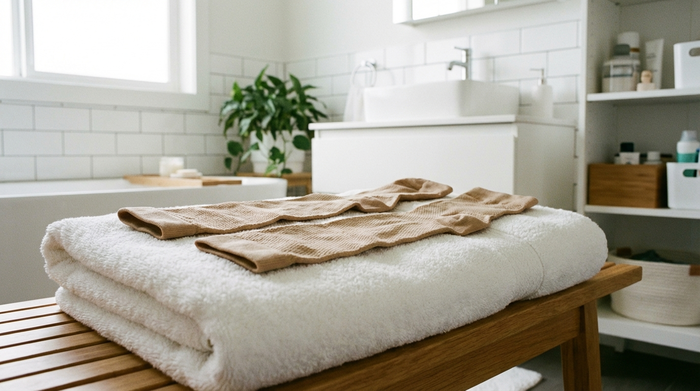 Frische, saubere Kompressionsstrümpfe liegen flach zum Trocknen auf einem weichen, weißen Handtuch in einem hellen, aufgeräumten Badezimmer.