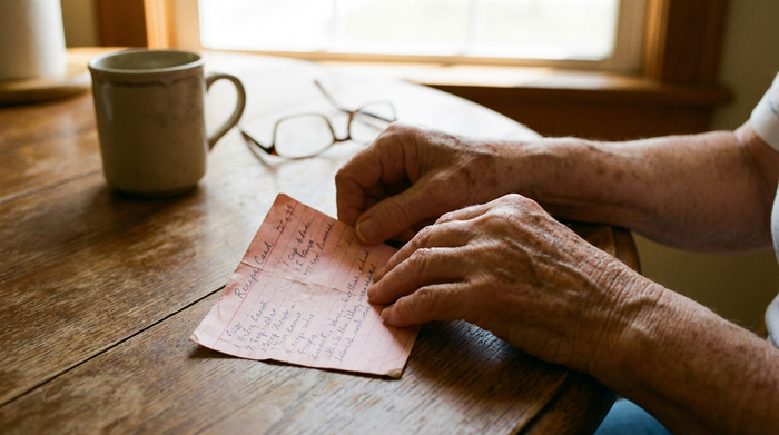 Eine Nahaufnahme von Händen einer älteren Person, die sorgfältig einen rosafarbenen Rezeptzettel auf einem hölzernen Küchentisch faltet. Im Hintergrund eine unscharfe Kaffeetasse und eine Lesebrille. Realistische, warme Beleuchtung.