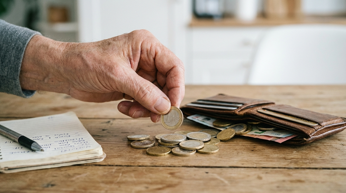Eine offene Geldbörse auf einem Tisch, daneben ein paar Euro-Münzen und ein kleiner Notizblock. Eine ältere Hand legt eine Münze dazu. Sauberer Hintergrund, weiches Licht, Fokus auf die Hände und die Münzen.