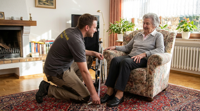 Ein freundlicher Orthopädietechniker kniet auf einem Teppich in einem gemütlichen Wohnzimmer und misst mit einem Maßband den Abstand für einen neuen Rollstuhl aus. Eine ältere Dame sitzt entspannt in einem Sessel und schaut interessiert zu.