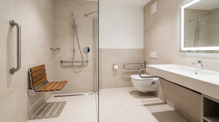 Ein modern eingerichtetes, barrierefreies Badezimmer mit einer bodengleichen Dusche, einem eleganten Duschsitz und stabilen Haltegriffen an der Wand. Helle Fliesen, sauberes und sicheres Ambiente, keine Personen im Bild.