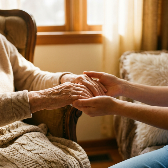 Zwei Hände, die sich vertrauensvoll halten: Die von Falten gezeichneten Hände eines Senioren ruhen in den sanften Händen einer jungen Pflegekraft. Warmes Licht, beruhigende Atmosphäre.