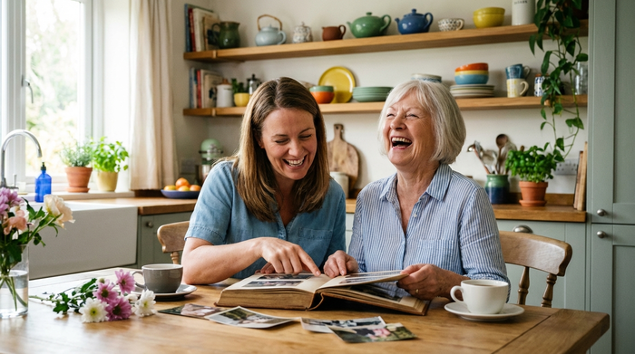 Eine engagierte Tochter sitzt mit ihrer älteren Mutter am Esstisch und blättert gemeinsam durch ein Fotoalbum. Beide lachen herzlich. Im Hintergrund ist eine aufgeräumte, gemütliche Küche zu sehen.
