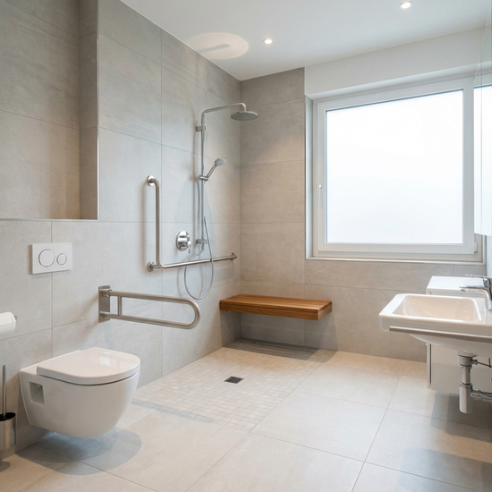 Ein modernes, barrierefreies Badezimmer mit einer bodengleichen Dusche und eleganten Haltegriffen an den Wänden. Helle Fliesen, sauberes und sicheres Ambiente für Senioren.