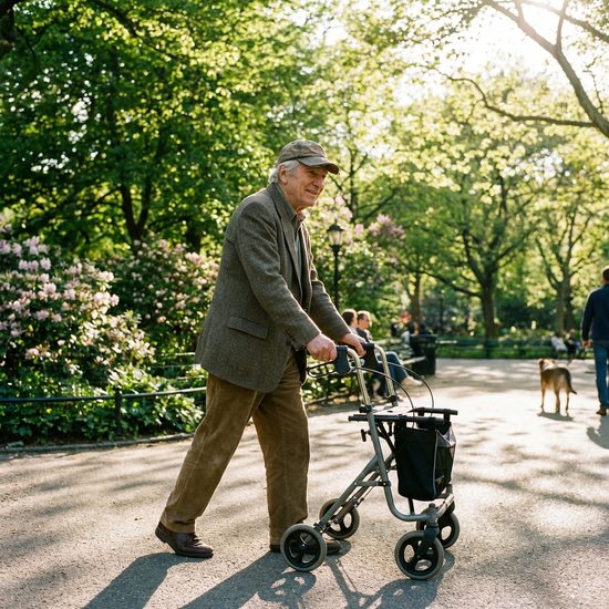 Ein älterer Mann mit grauem Haar geht an einem sonnigen Tag mit seinem Rollator sicher durch einen grünen Park. Er wirkt zufrieden und entspannt.