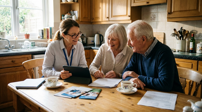 Eine erfahrene Pflegeberaterin im Gespräch mit einem älteren Ehepaar am Küchentisch. Sie schauen sich gemeinsam aufmerksam Dokumente an. Freundliche, professionelle und beratende Stimmung.