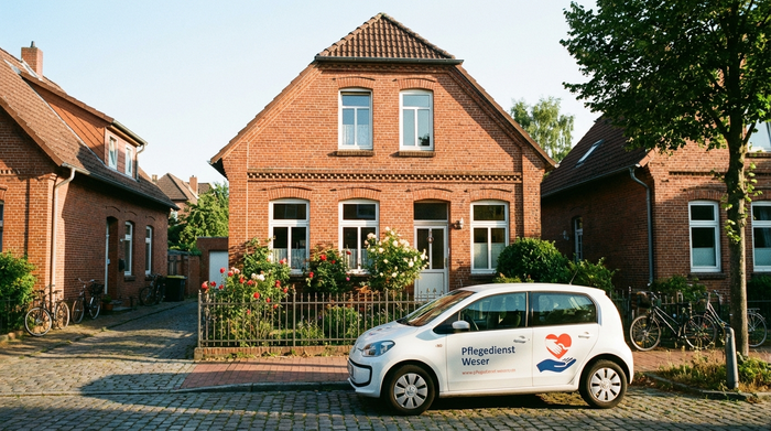 Ein traditionelles rotes Backsteinhaus in einer typischen Bremer Straße mit schmalem Vorgarten an einem sonnigen Vormittag. Ein kleines weißes Auto eines Pflegedienstes parkt direkt davor.