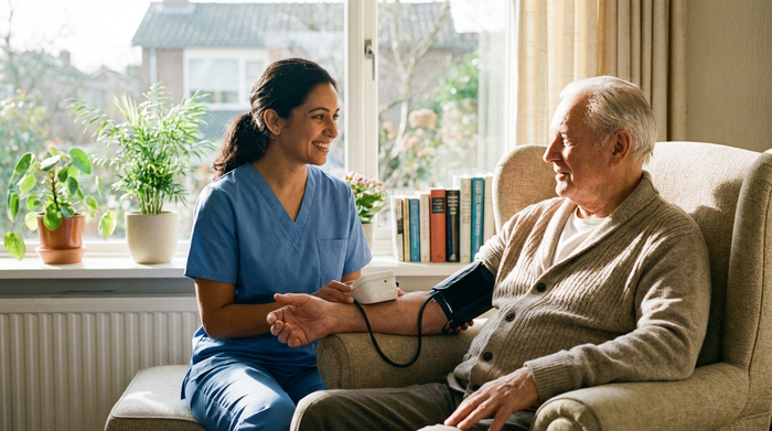 Eine freundliche Pflegekraft misst den Blutdruck eines älteren Herrn, der entspannt in einem Sessel sitzt. Helles Wohnzimmer, vertrauensvoller Blickkontakt, entspannte Stimmung, professionelle Pflege.