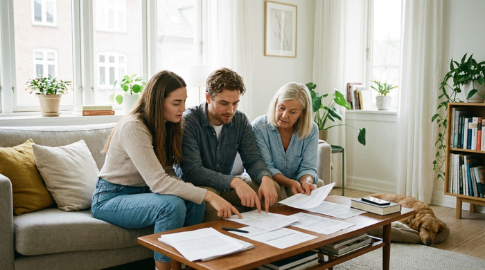 Zwei jüngere Erwachsene sitzen konzentriert mit einer älteren Frau auf einem Sofa und besprechen Dokumente, die auf einem Couchtisch liegen. Helle, aufgeräumte Umgebung, familiärer Zusammenhalt.