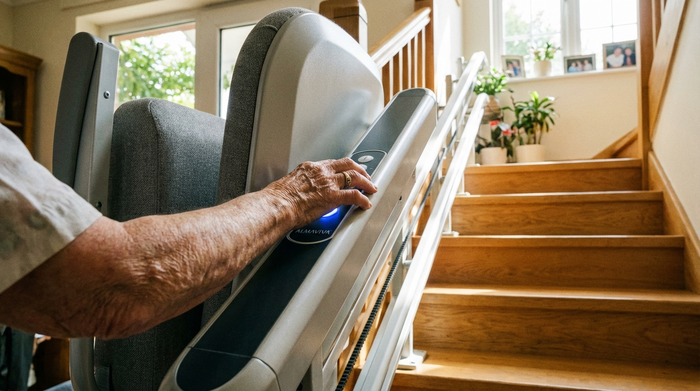 Eine Nahaufnahme der Hand einer älteren Person, die sicher einen modernen Treppenlift bedient. Im Hintergrund ist eine gepflegte Holztreppe in einem hellen Einfamilienhaus zu sehen.