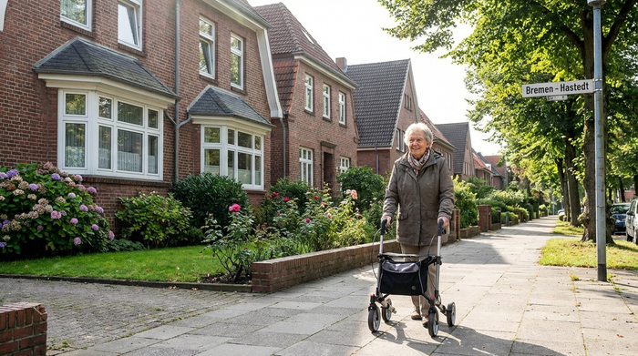 Eine ältere Frau geht mit einem Rollator sicher auf einem breiten Gehweg in einem ruhigen Bremer Wohnviertel spazieren. Gepflegte Vorgärten und klassische Bremer Häuser säumen die sonnige Straße.