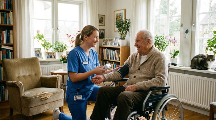 Eine freundliche Pflegefachkraft in blauer Berufskleidung misst den Blutdruck eines älteren Herrn im Rollstuhl in dessen hellem Wohnzimmer.