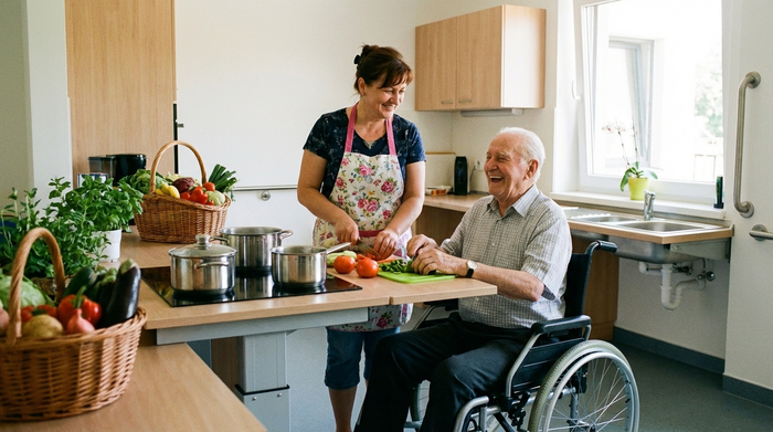 Eine engagierte osteuropäische Betreuungskraft kocht gemeinsam mit einem lächelnden Senior in einer modernen, barrierefreien Küche frisches Gemüse.